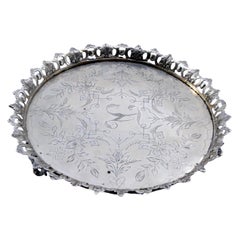 Silver tray w/ grid & floral engraved bottom on 3 raised feet