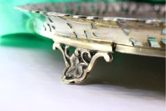 Silver tray w/ leaf rack & guilloché around monogram on 3 cut-out feet