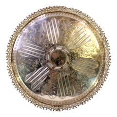 Silver tray w/ wire rack & geometric engravings on 3 cut-out feet