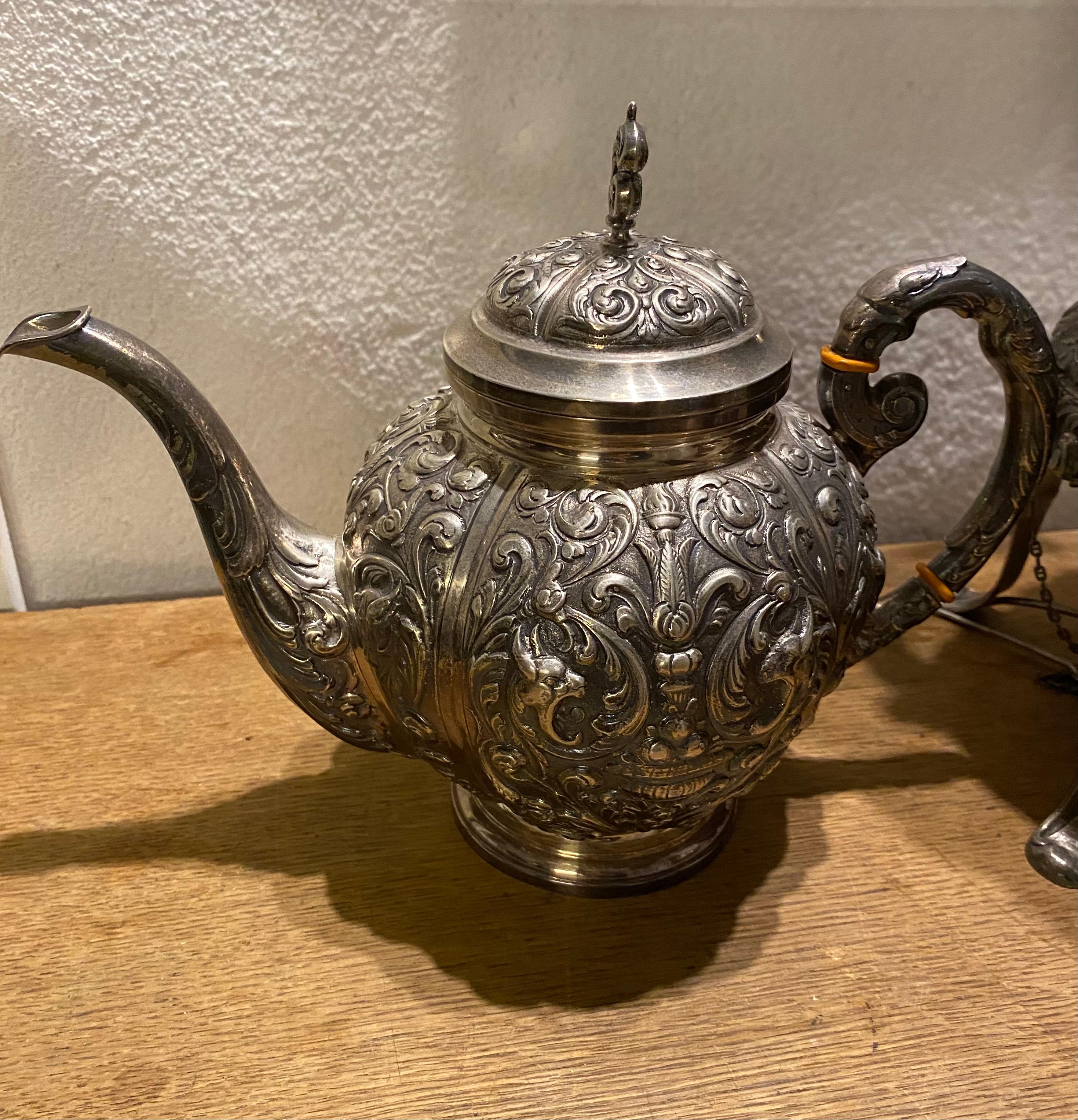 Silver Tray with a Large Silver Tea Service Spanish Manifacture 1940 For Sale at 1stDibs