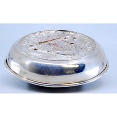Silver tray with angelic figures holding the coat of arms of Portugal