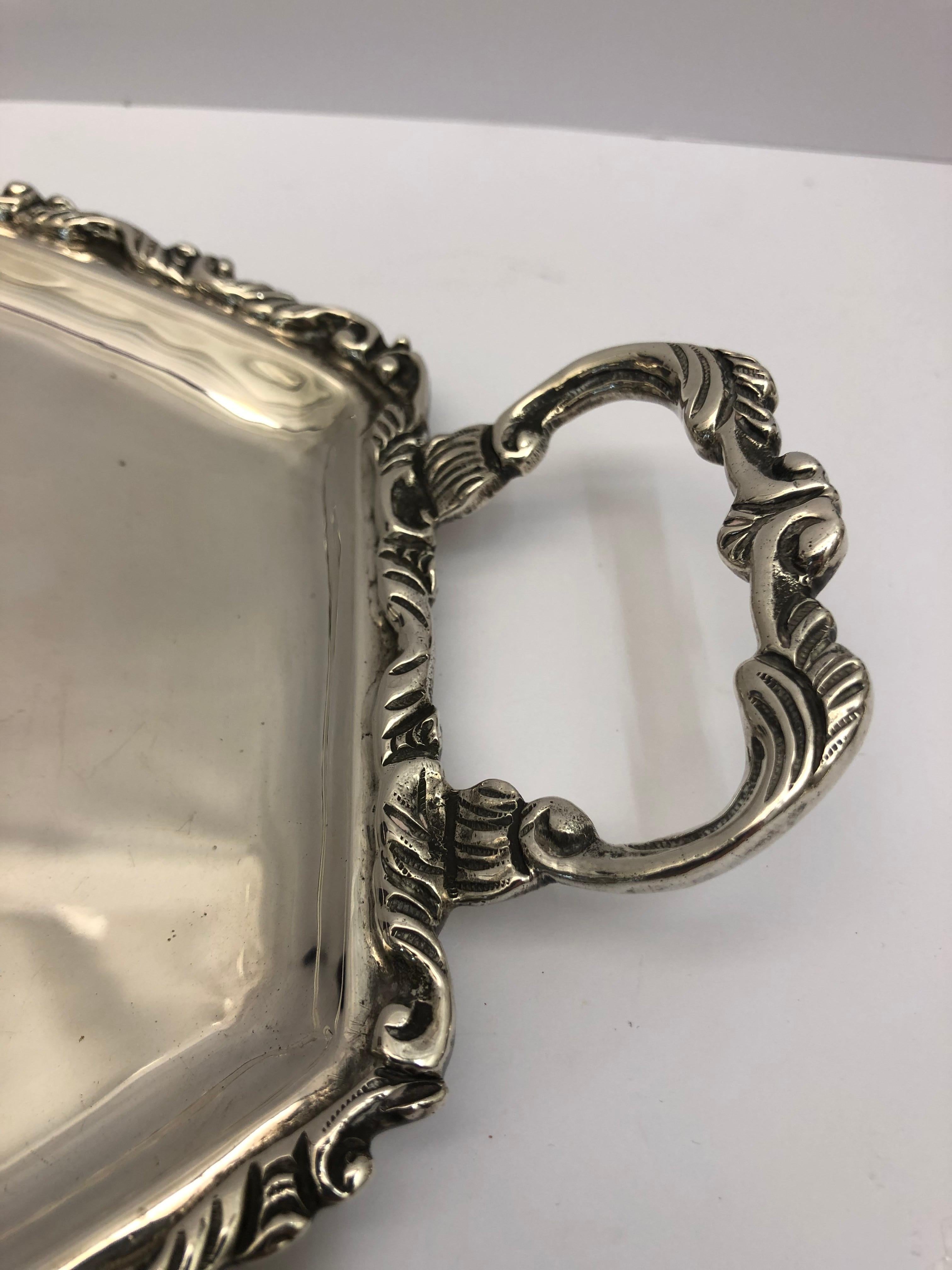 Mexican Silver Tray with Decorated Border and Handles, Hallmarked 925 Silver For Sale