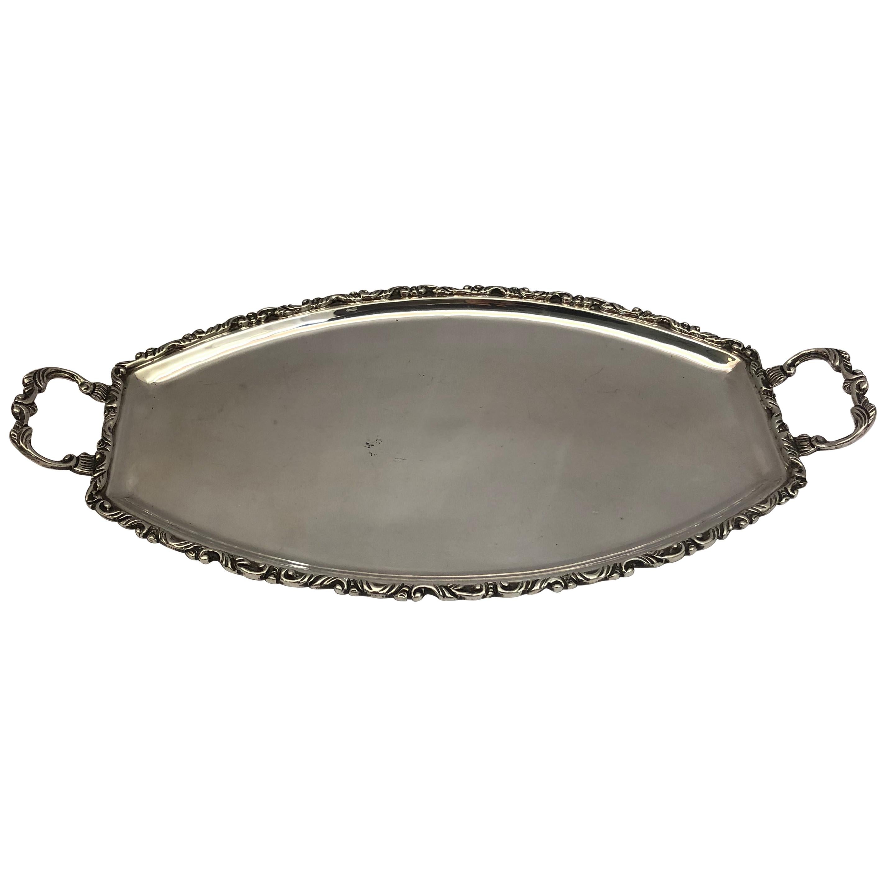 Silver Tray with Decorated Border and Handles, Hallmarked 925 Silver For Sale