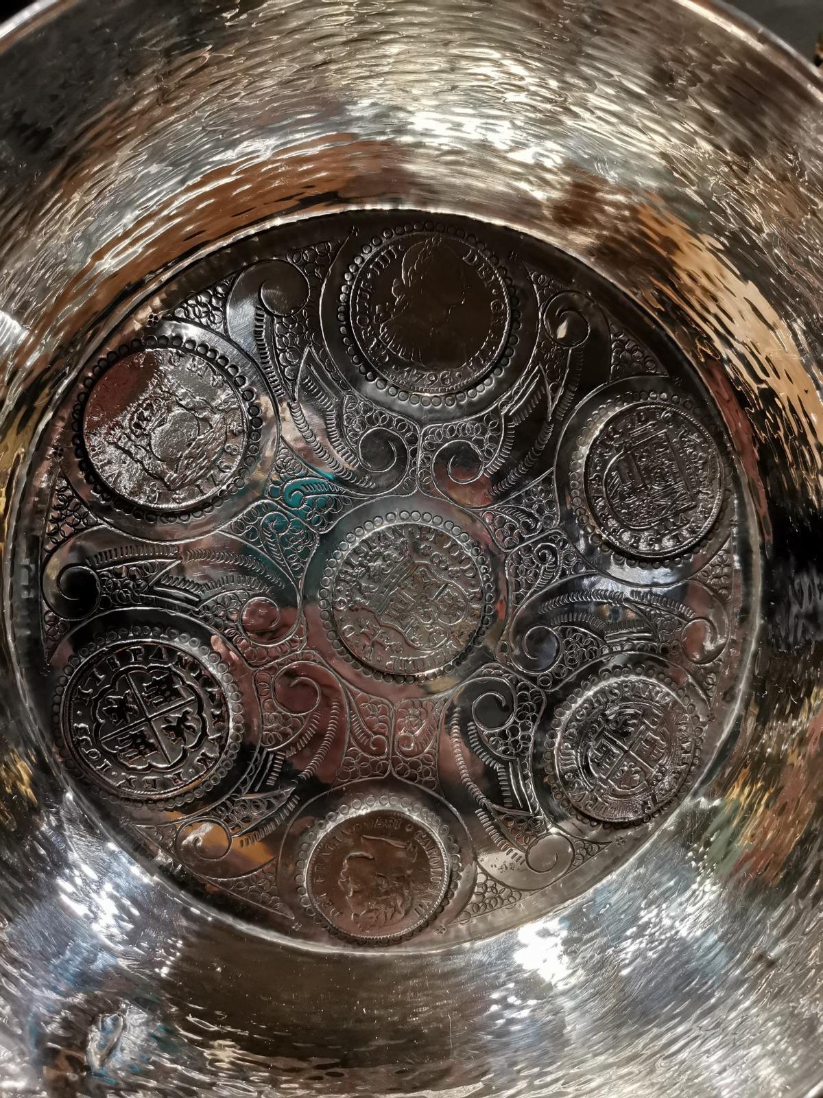 Baroque Silver Tray with Embedded Silver Coins 19th Century For Sale
