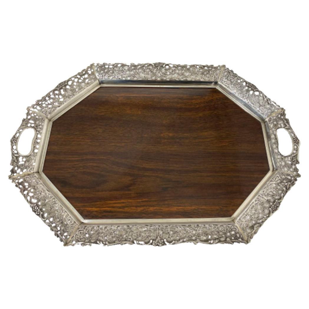 Silver Tray with Wooden Melamine by H. Hooijkaas, 1974 For Sale
