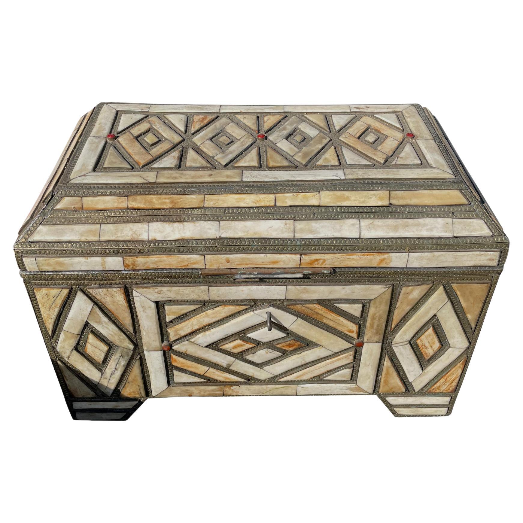 Silver Trimmed Bone Inlay Box, Morocco, 19th Century For Sale