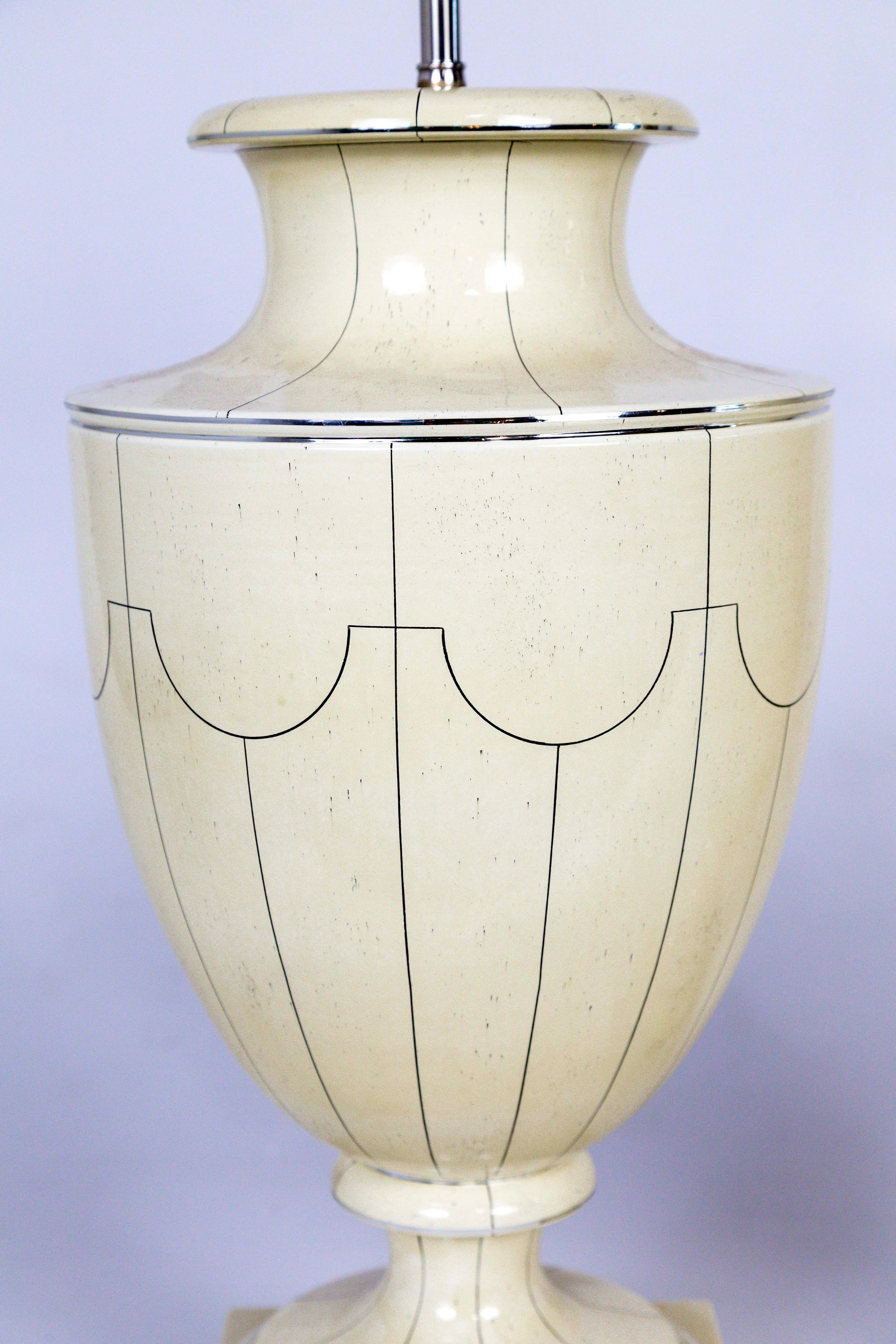 Silver Trimmed Ivory Ceramic Urn Lamps by Jean Roger In Excellent Condition In San Francisco, CA