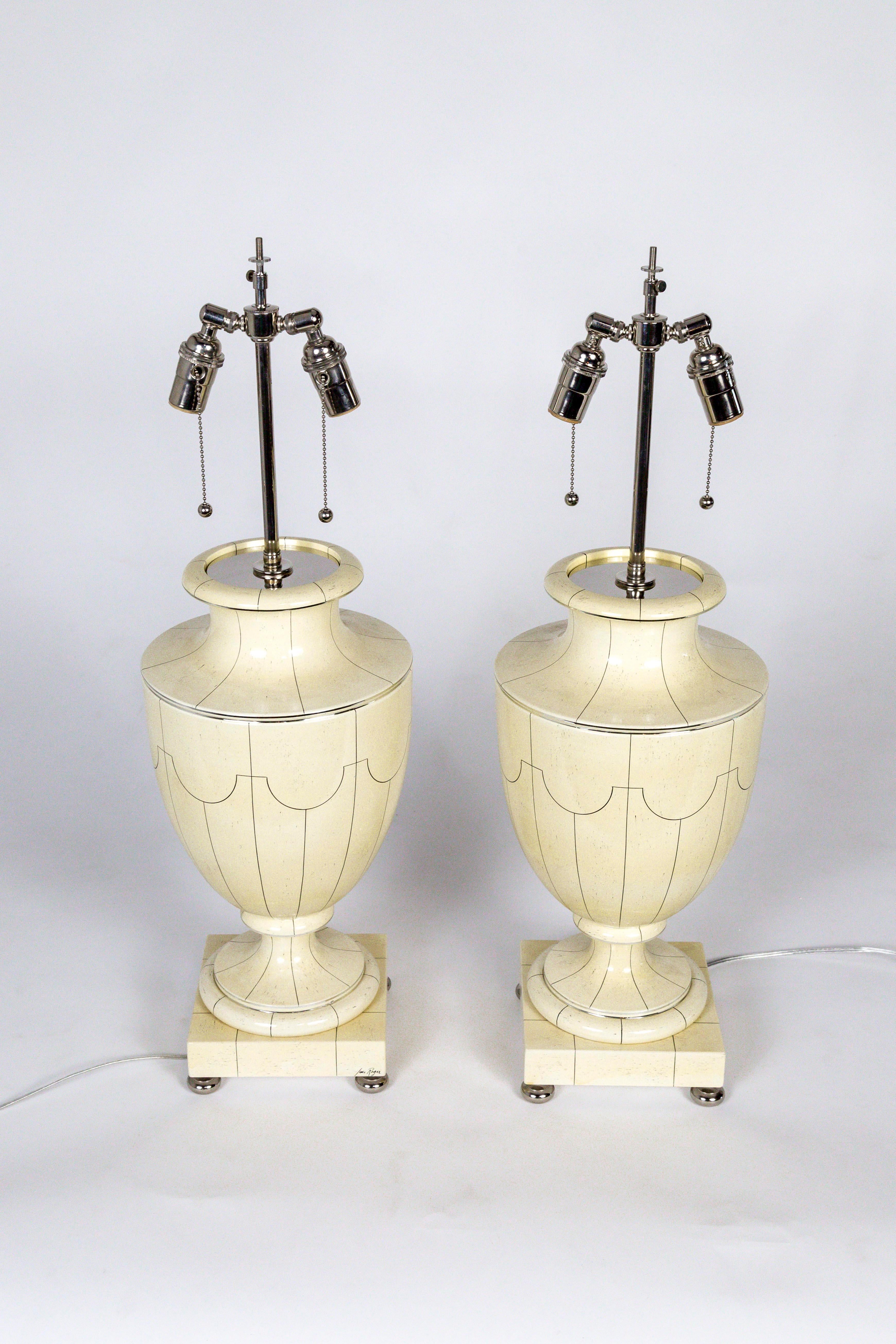 Late 20th Century Silver Trimmed Ivory Ceramic Urn Lamps by Jean Roger