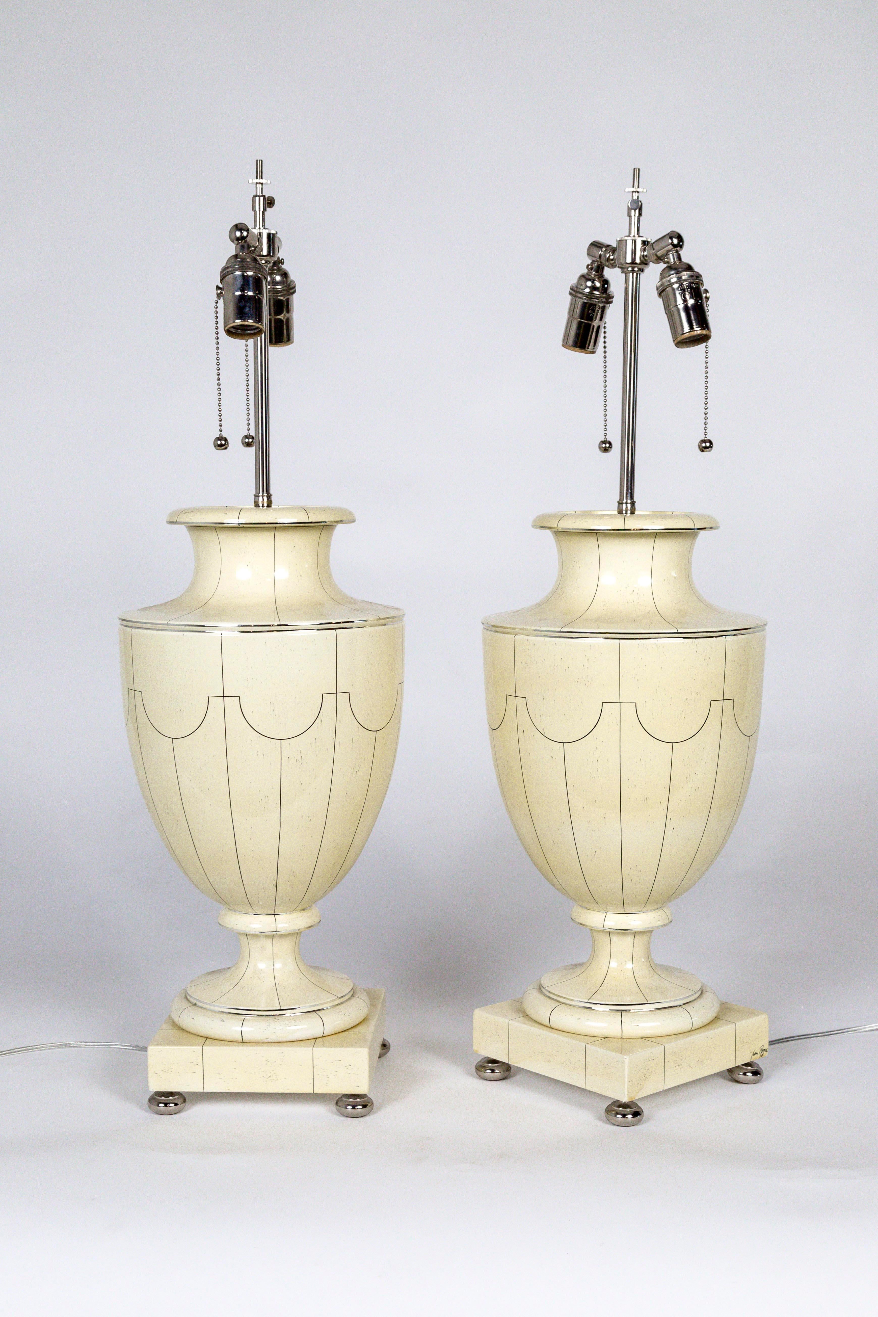 Silver Trimmed Ivory Ceramic Urn Lamps by Jean Roger 1