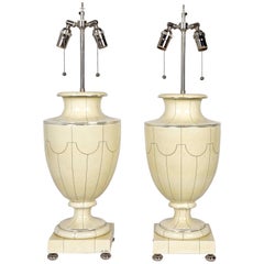 Silver Trimmed Ivory Ceramic Urn Lamps by Jean Roger