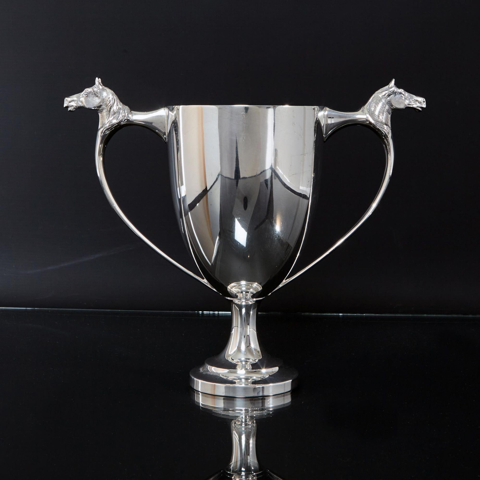 Mid-20th Century Silver Trophy Cup with Horse Head Handles