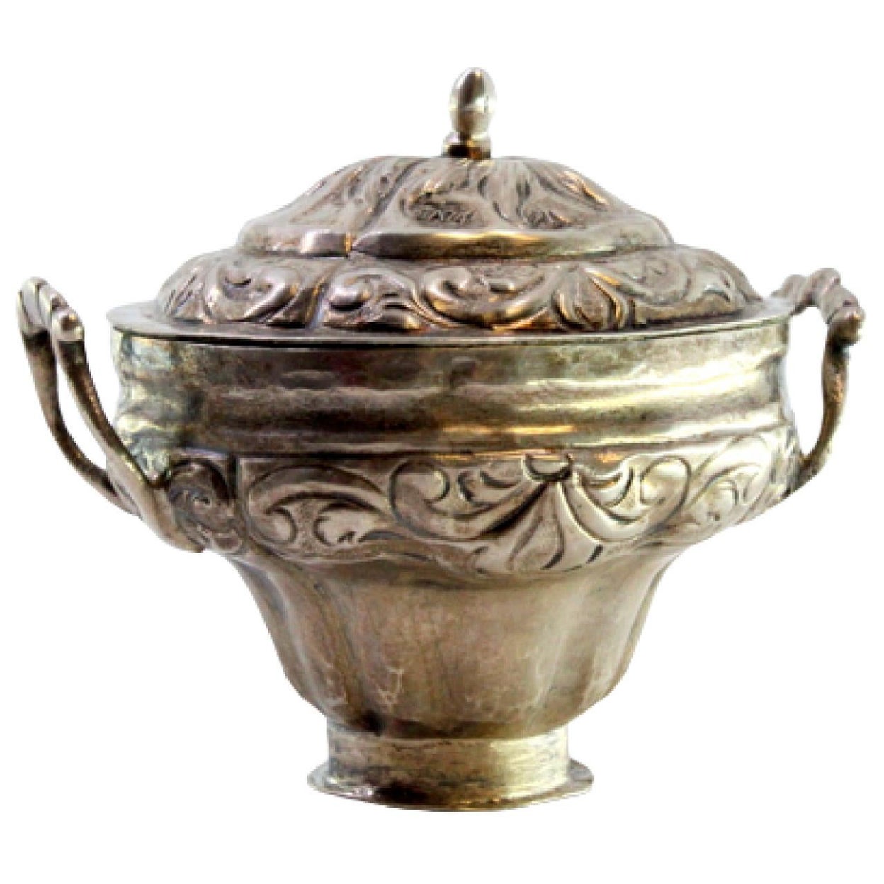 Silver tureen-shaped box with relief lid, handles and circular base