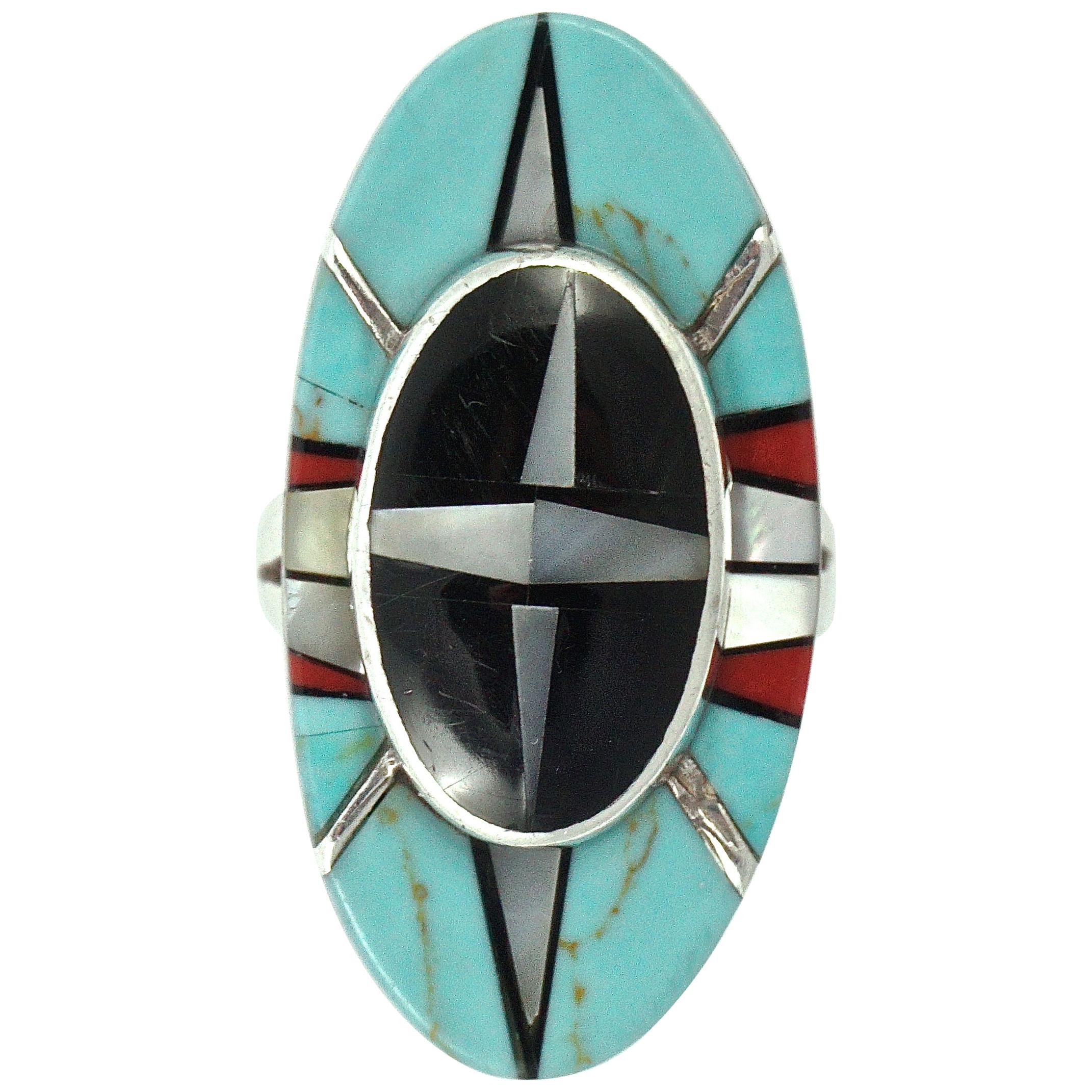 Silver Two Tiered Ring Inlaid with Turquoise Onyx Coral and Mother-of-Pearl