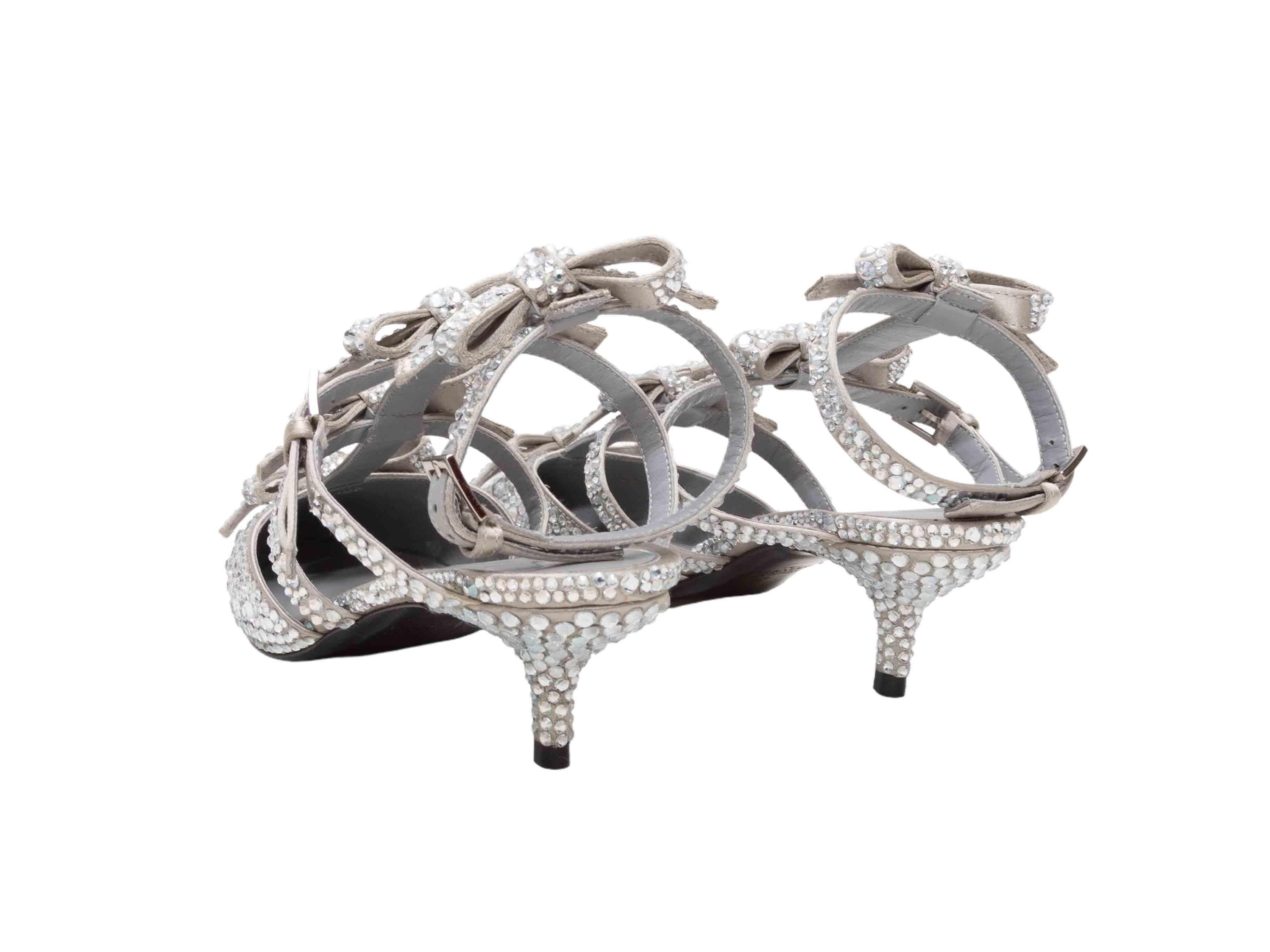 Silver Valentino Crystal-Embellished Pointed-Toe Gladiator Heels Size 37 In Good Condition For Sale In New York, NY