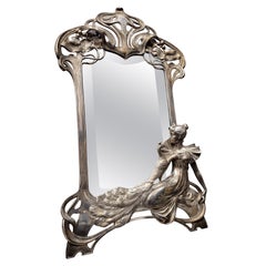 Miroir de coiffeuse en argent Art Nouveau, miroir de table en argent
