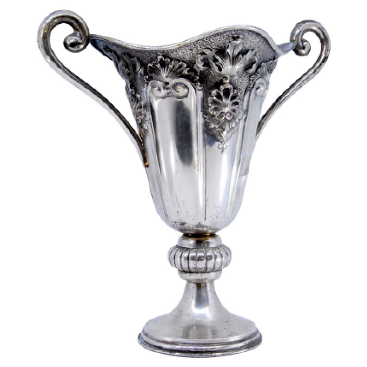 Silver vase embossed with shells, garlands, fluting and openwork handles