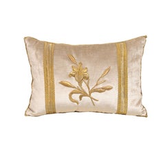 Silver Velvet Pillow with Raised Gold Metallic Embroidery of a Lily Flower