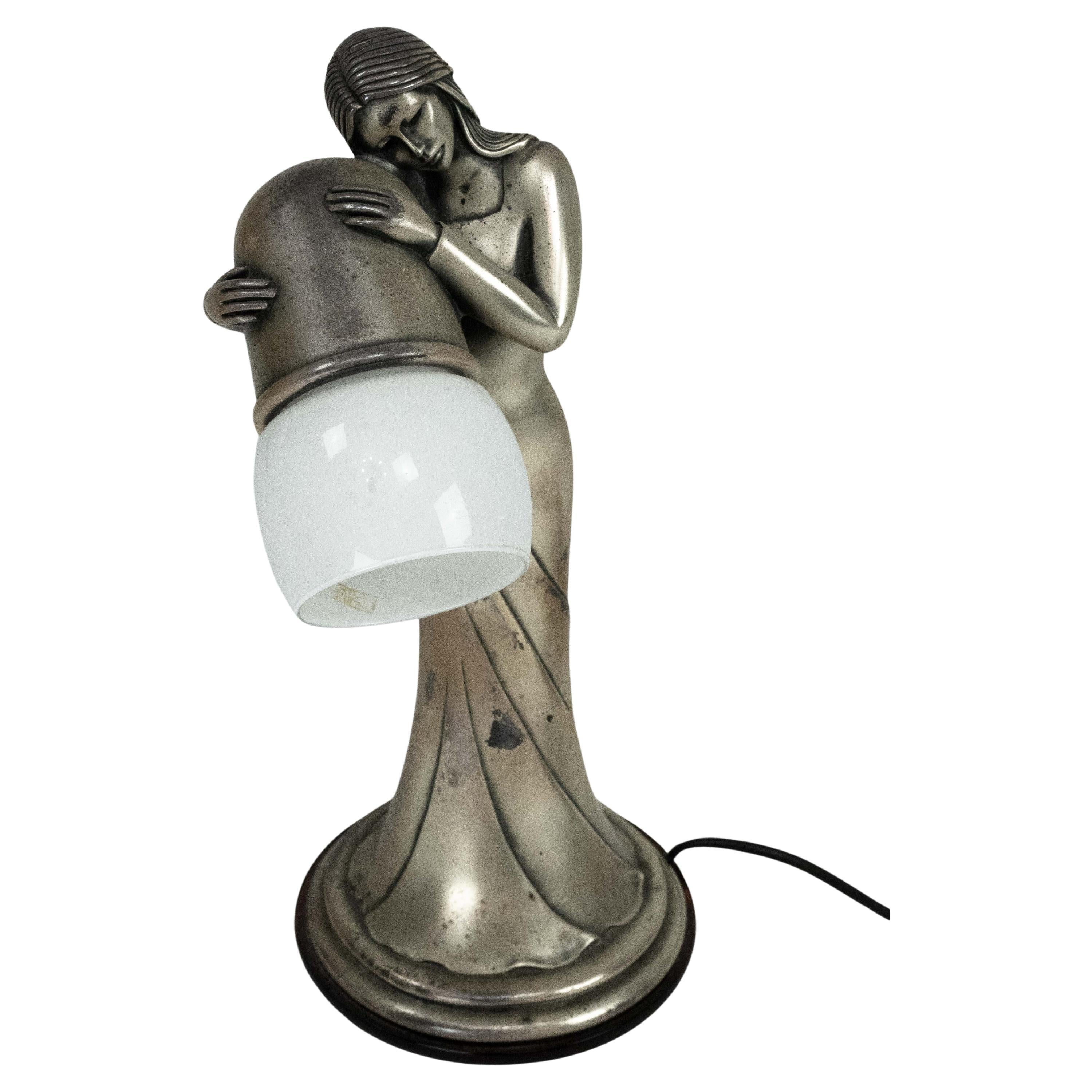 Silver Vermeil Figural Table Lamp with Opaline Glass. Italy 1960s For Sale