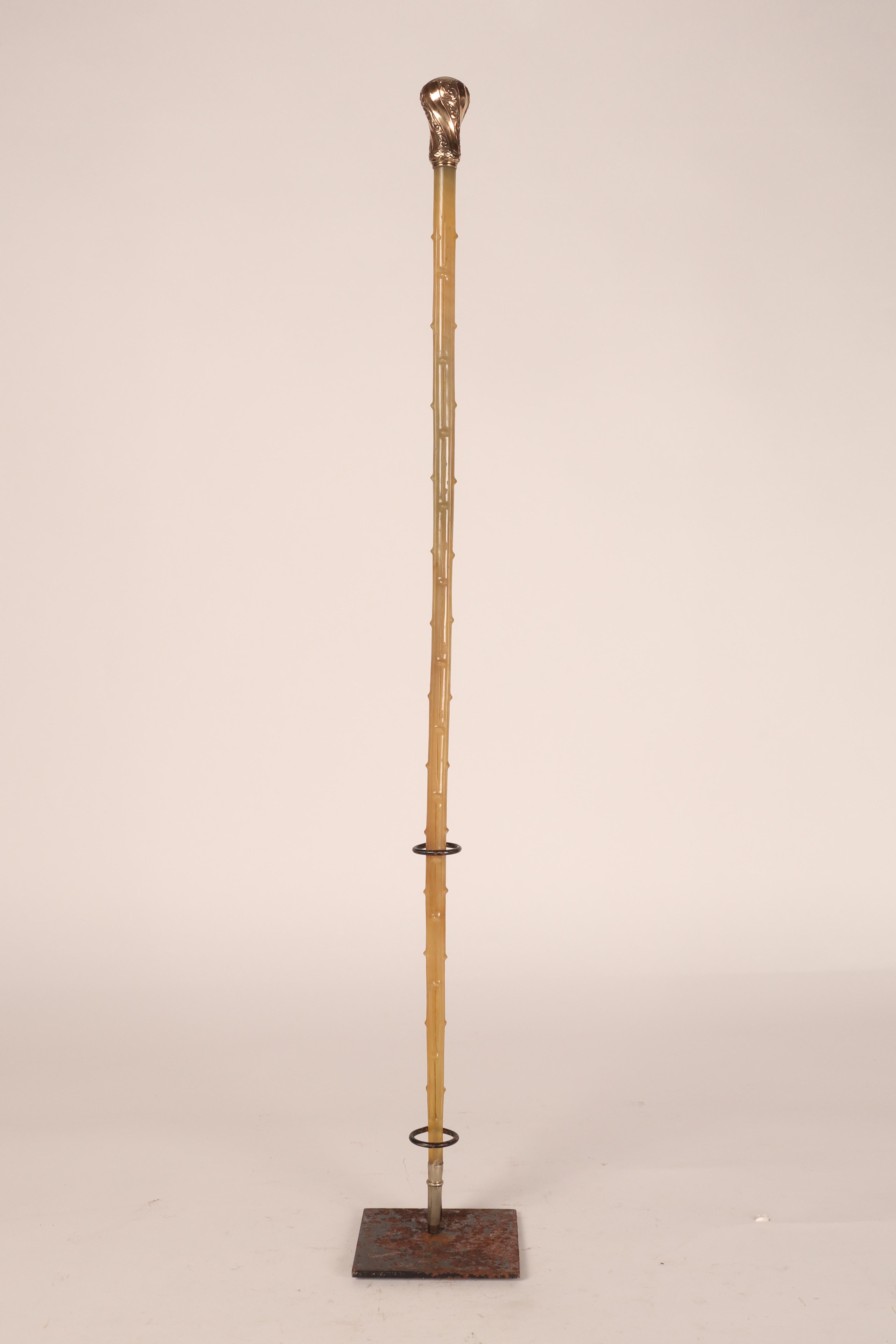 A rare walking stick with an octagonal section metal tip and iron tip. Hot-formed ram's horn barrel, with decoration that emulates the hawthorn barrel, silver vermeil handle.
The cane, clear, is made by hot boiling, sometimes frying and has a