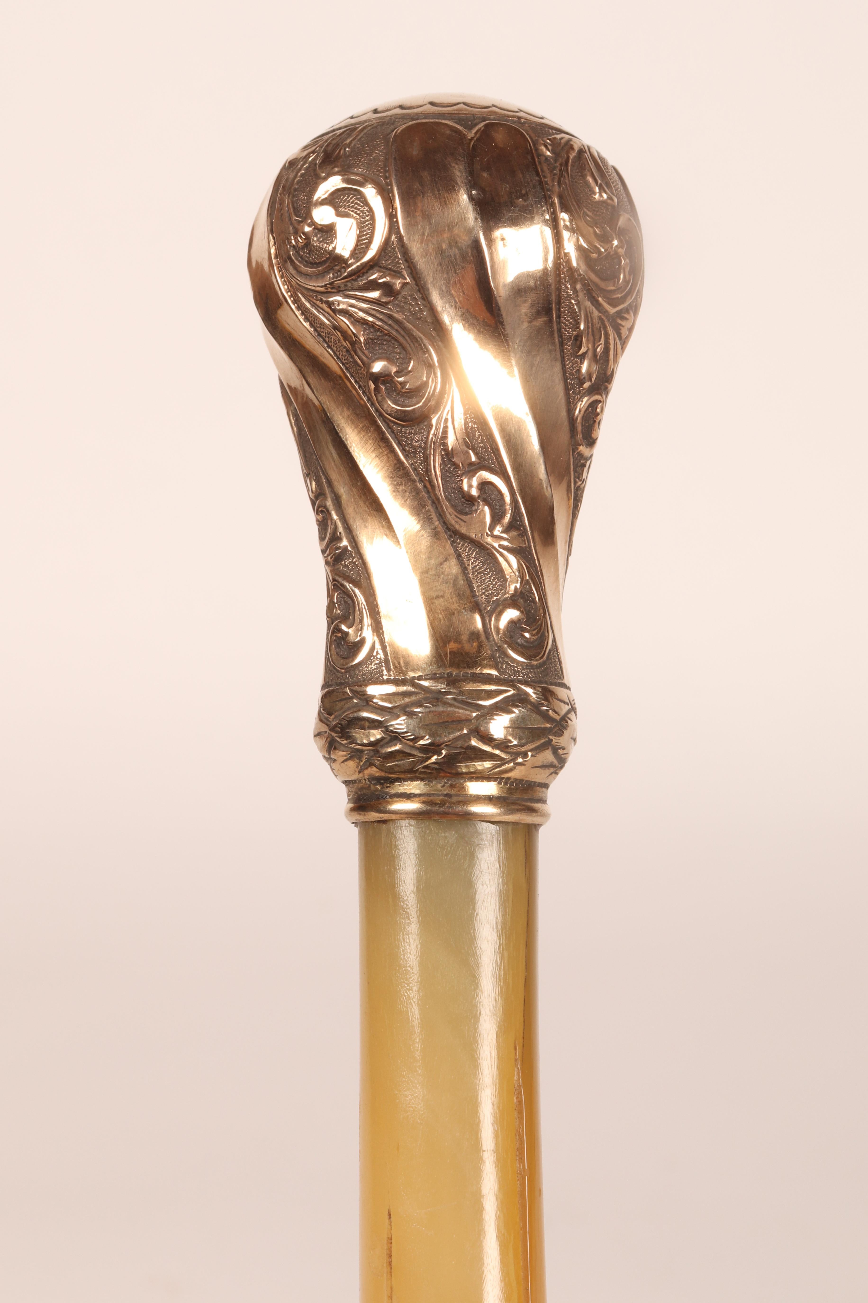 Metal Silver vermeil handle walking stick with ram’s horn barrel, France 1838.