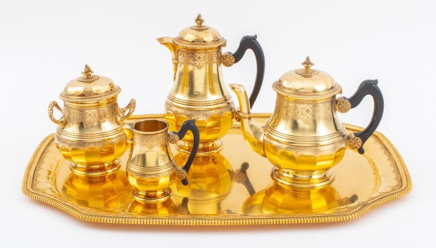 This exquisite, beautiful and rare French silver vermeil coffee and tea service was crafted by one of the most celebrated goldsmiths in Paris. Fashioned in the exquisite style of the Second Empire, this five-piece tea and coffee service is crafted