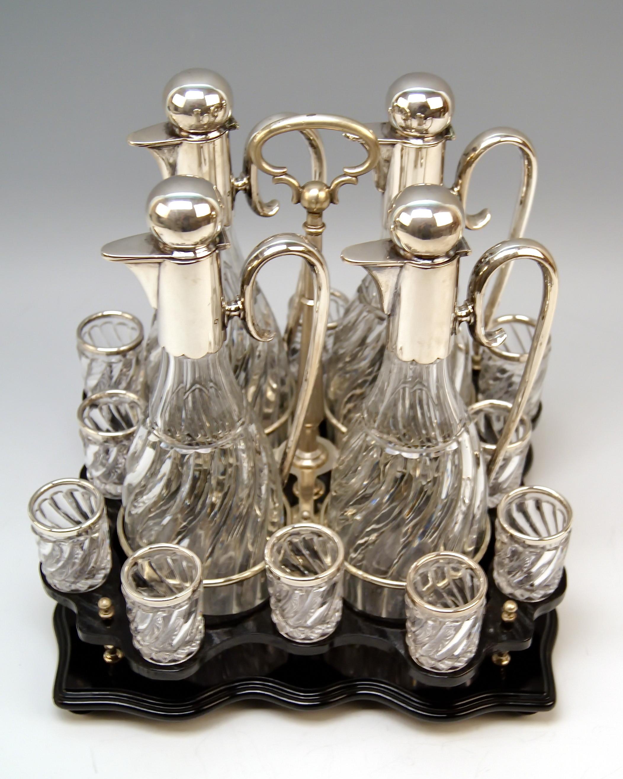 Austrian Silver Vienna Liqueur Set Decanters Glasses Sixteen Pieces Showcase Made 1905 For Sale