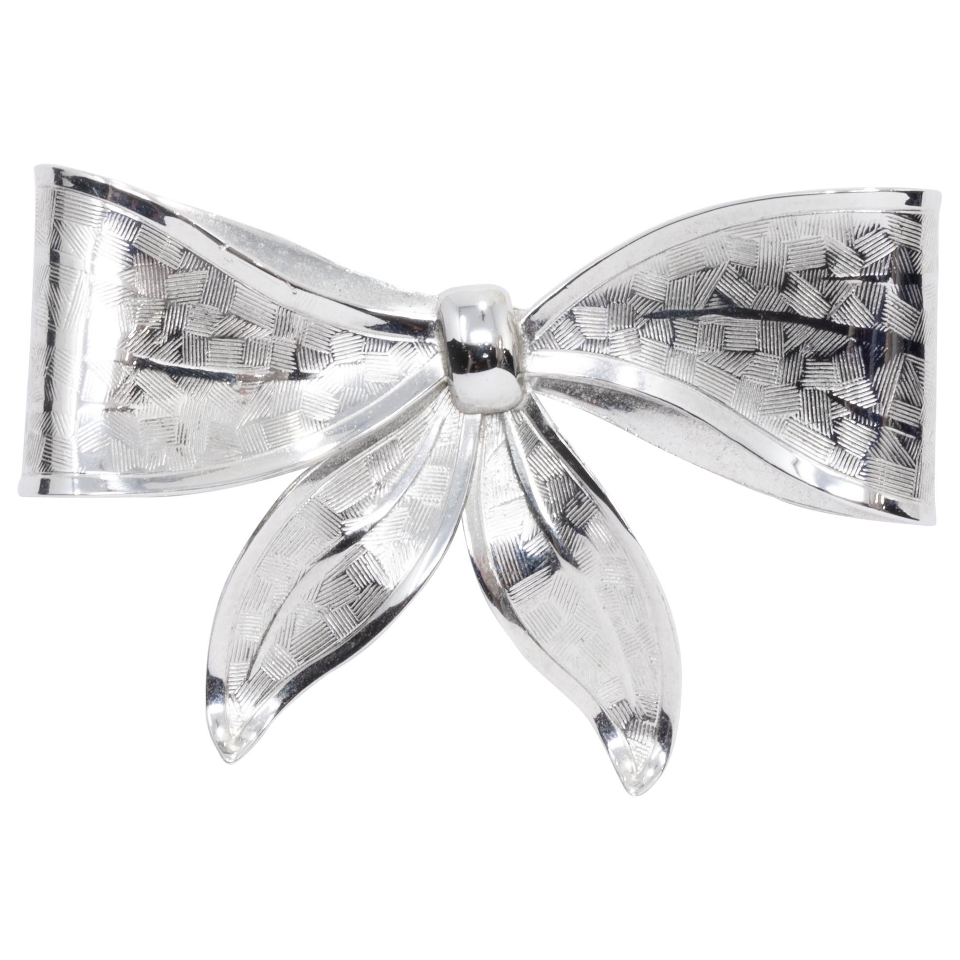 Silver Vintage Accented Bow Pin Brooch, Mid to Late 1900s