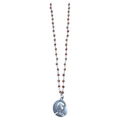 Silver Virgin Mary Medal Carnelian Rosario Chain Necklace