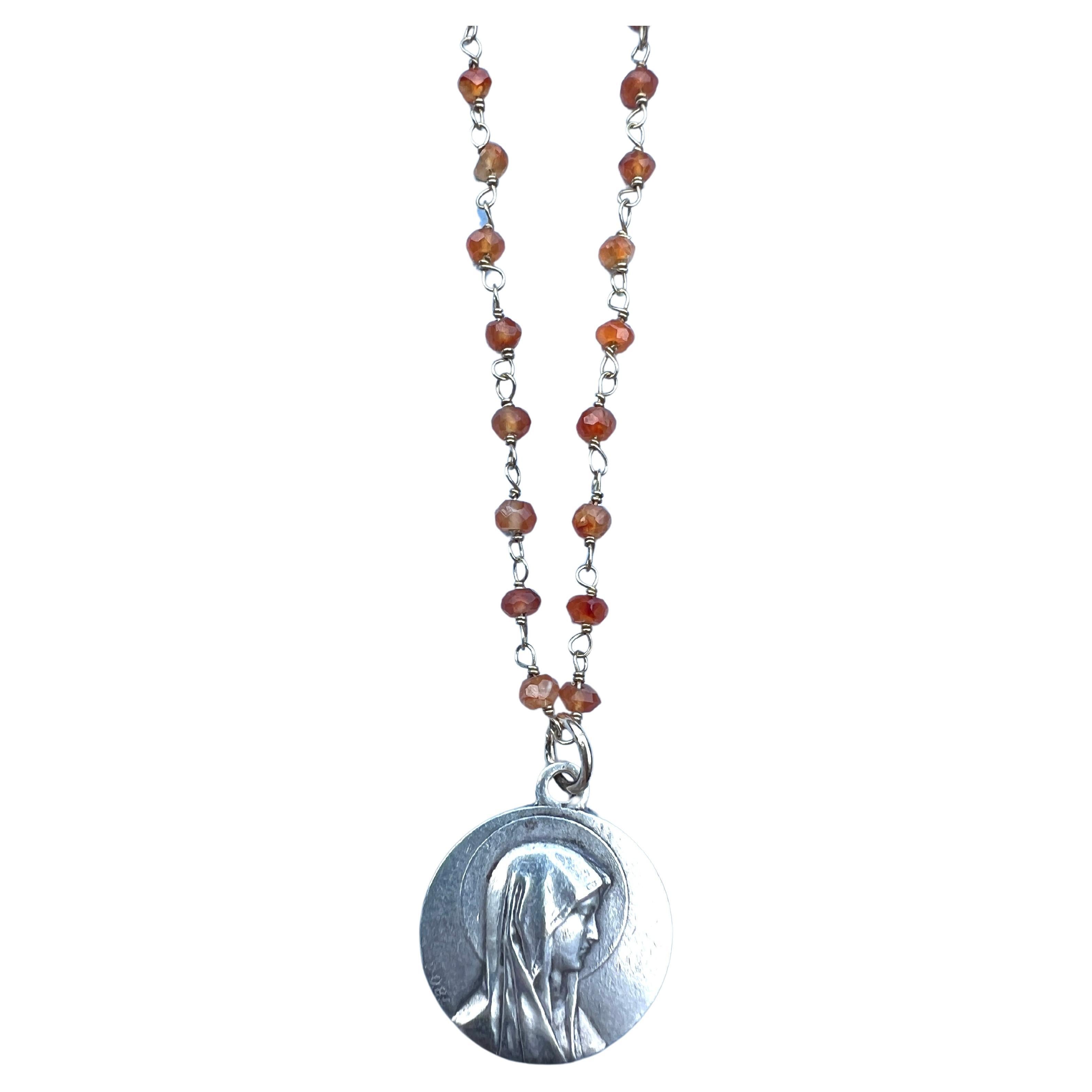 Contemporary Silver Virgin Mary Medal Necklace Carnelian Rosario