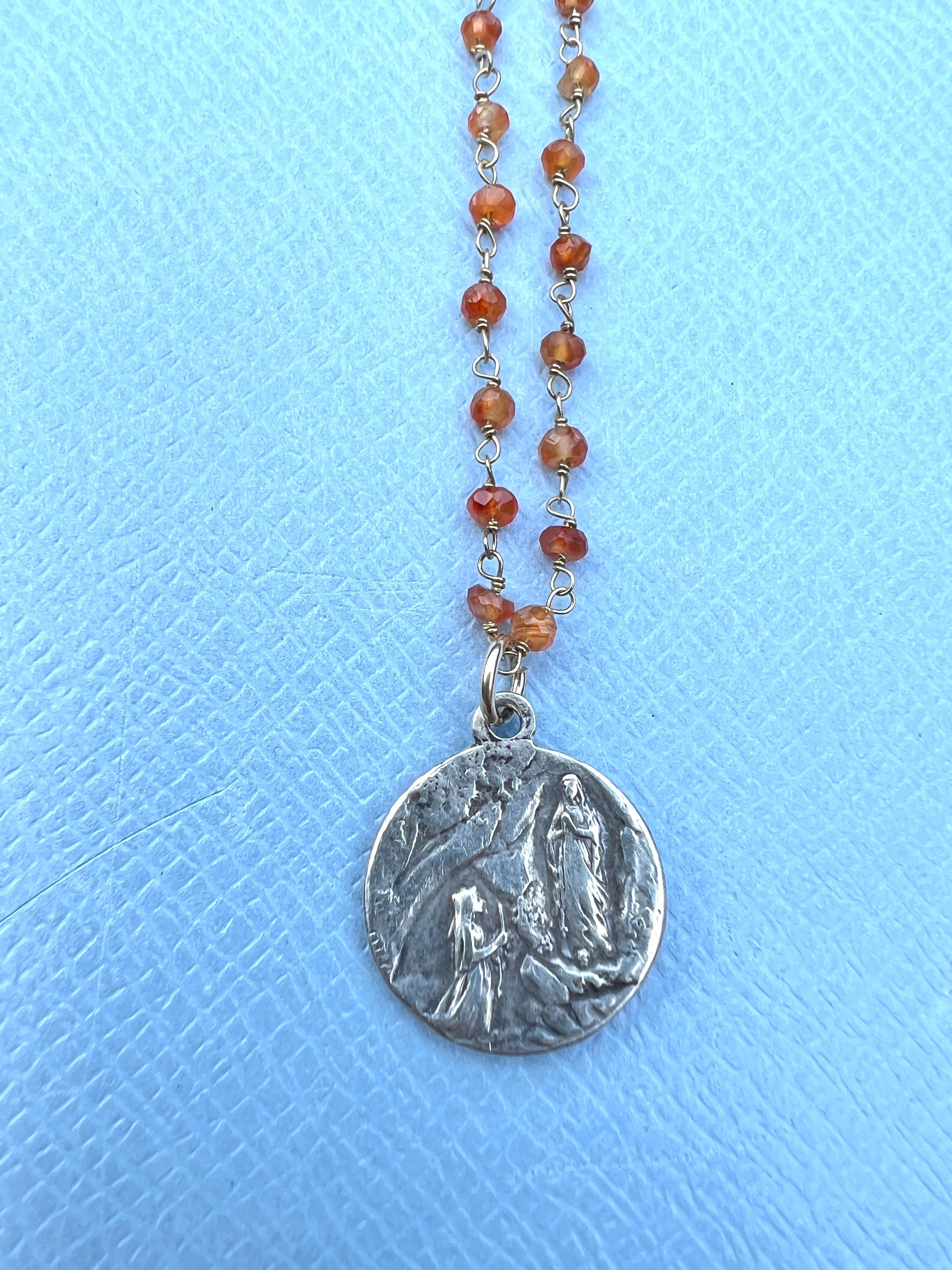 Bead Silver Virgin Mary Medal Necklace Carnelian Rosario