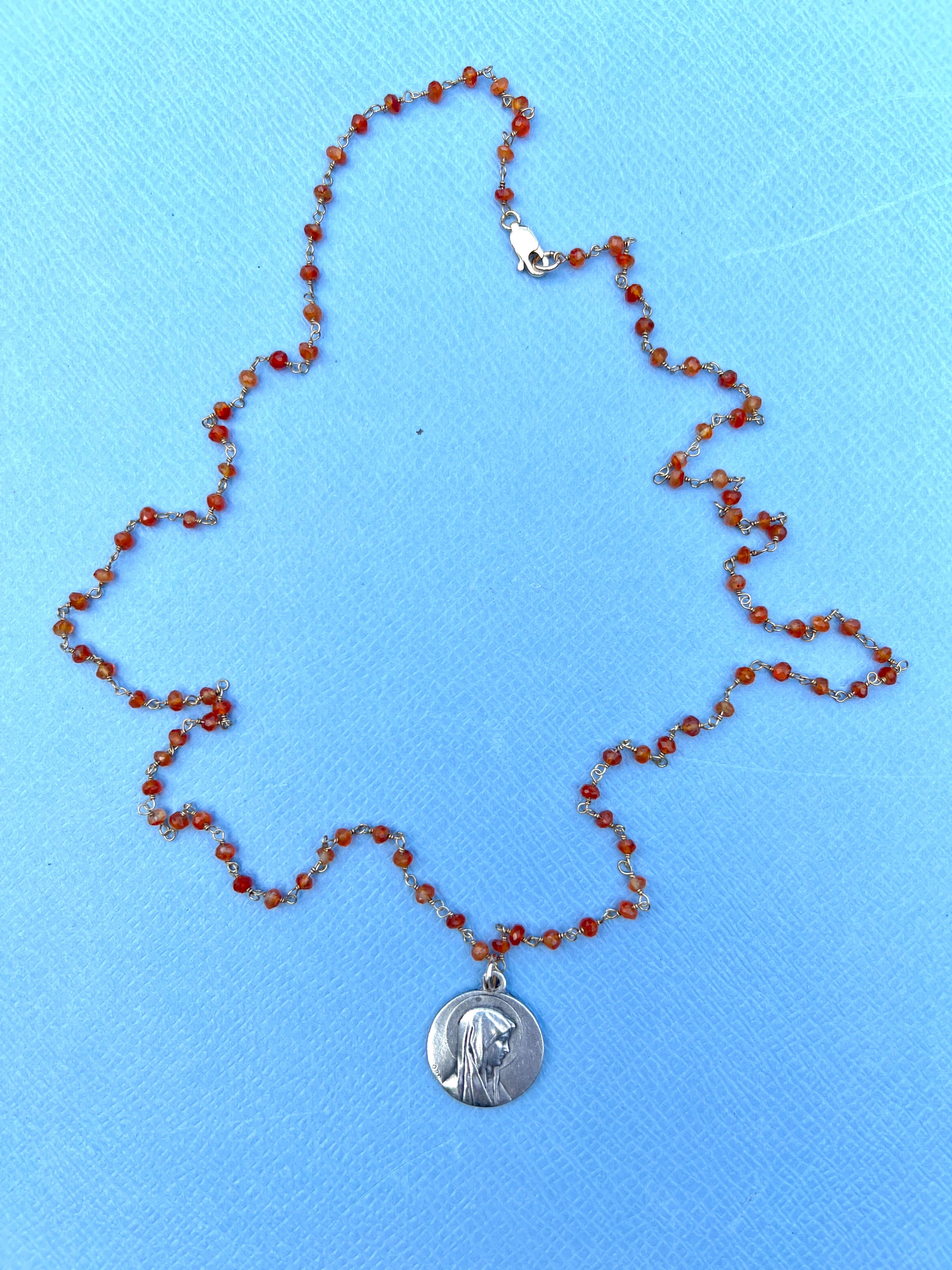 Silver Virgin Mary Medal Necklace Carnelian Rosario In New Condition In Los Angeles, CA