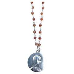 Silver Virgin Mary Medal Necklace Carnelian Rosario
