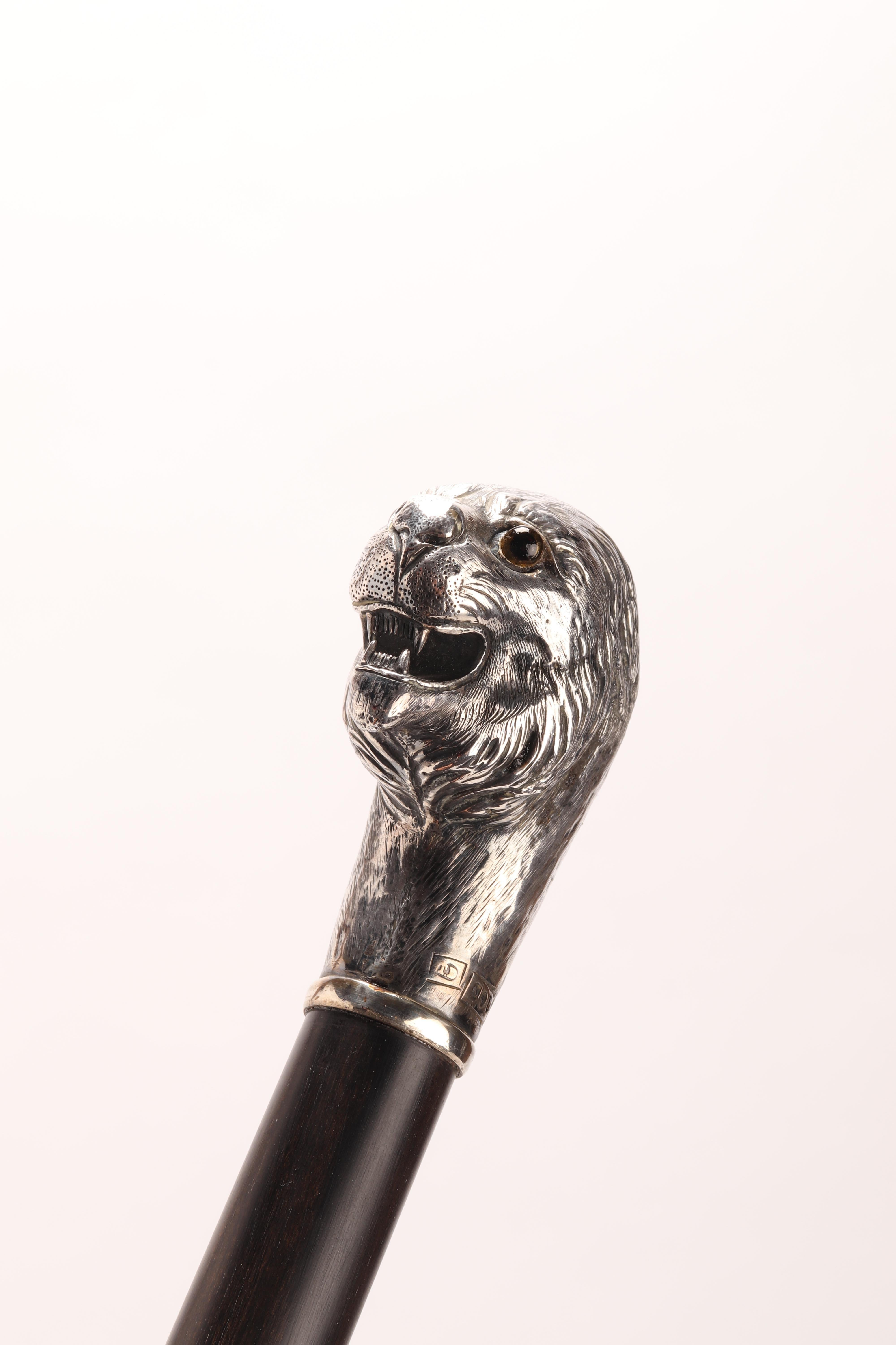 British Silver Walking Stick with a Lion, London, 1900