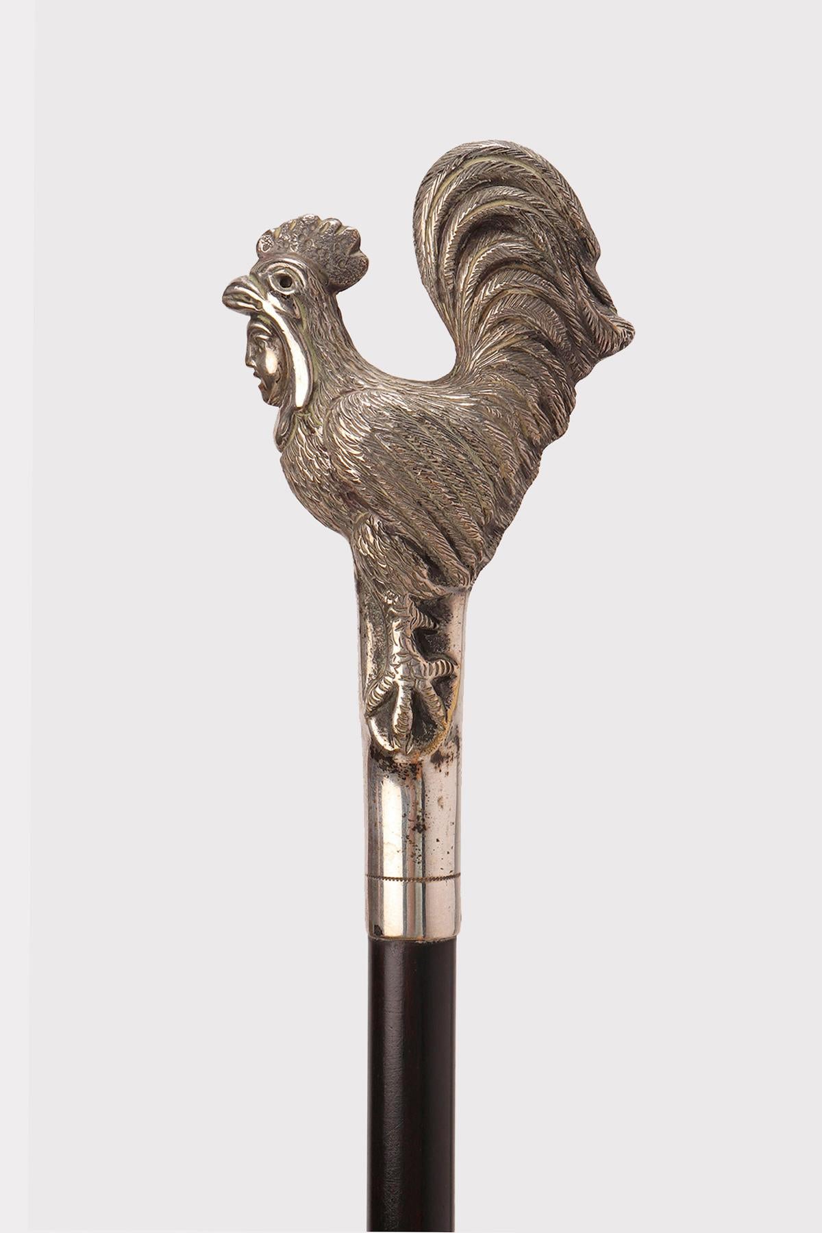 Francese Bastone da passeggio in argento con un gallo con il volto di un uomo, Francia 1890. in vendita