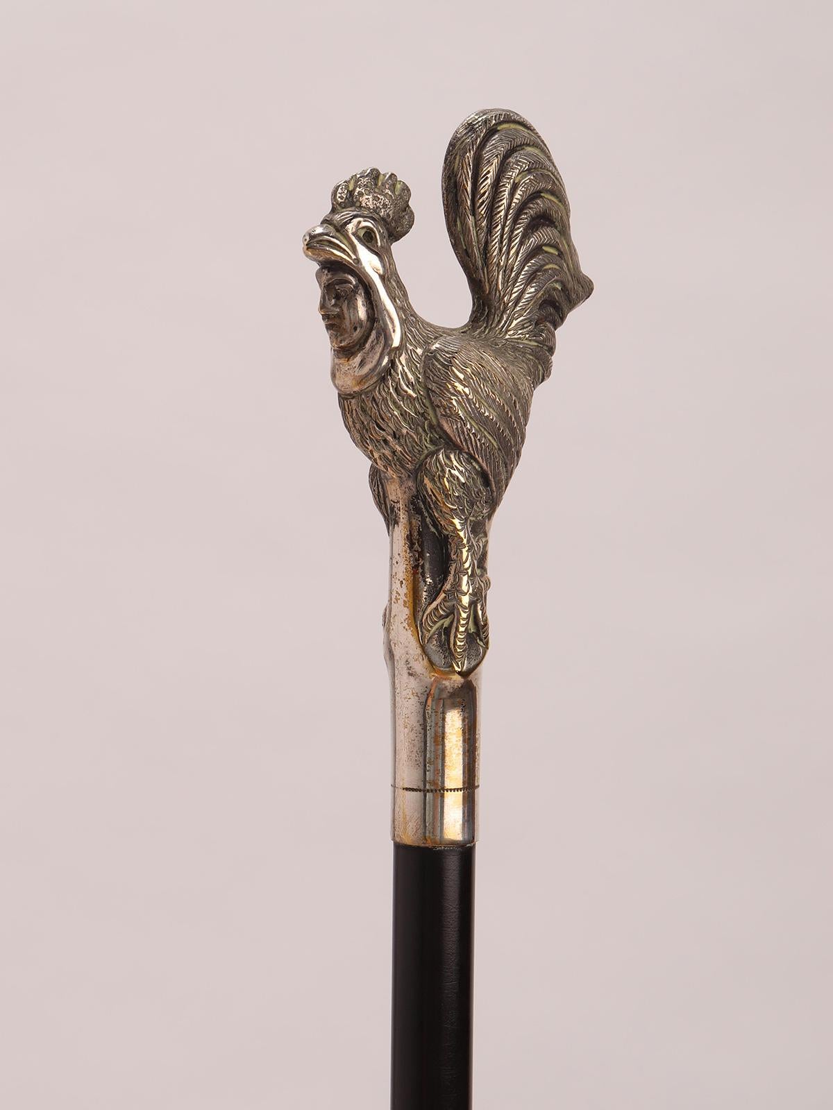 Metallo Bastone da passeggio in argento con un gallo con il volto di un uomo, Francia 1890. in vendita
