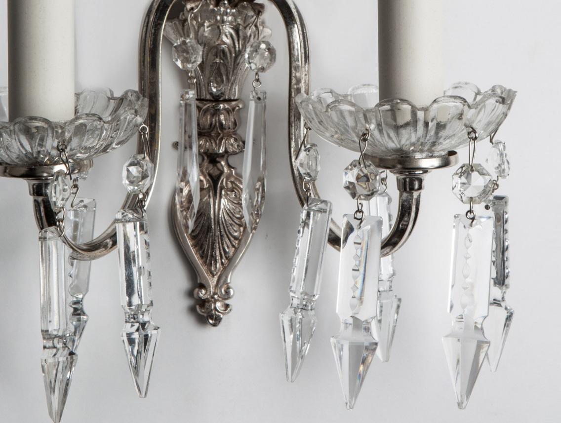 Baroque Silverplate Wheel-Cut Mirrorback Sconces with Crystal Spear Prisms, Circa 1930s For Sale
