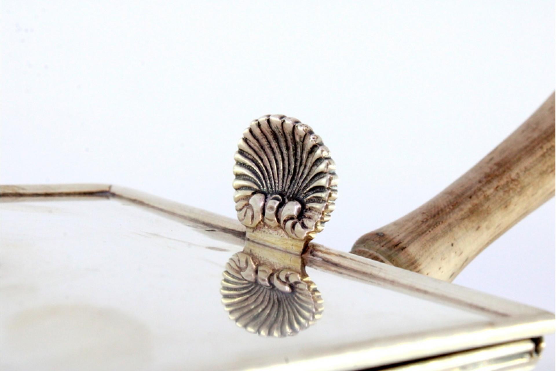 European Silver whisk w/ wooden interior, shell lid & faux stone For Sale