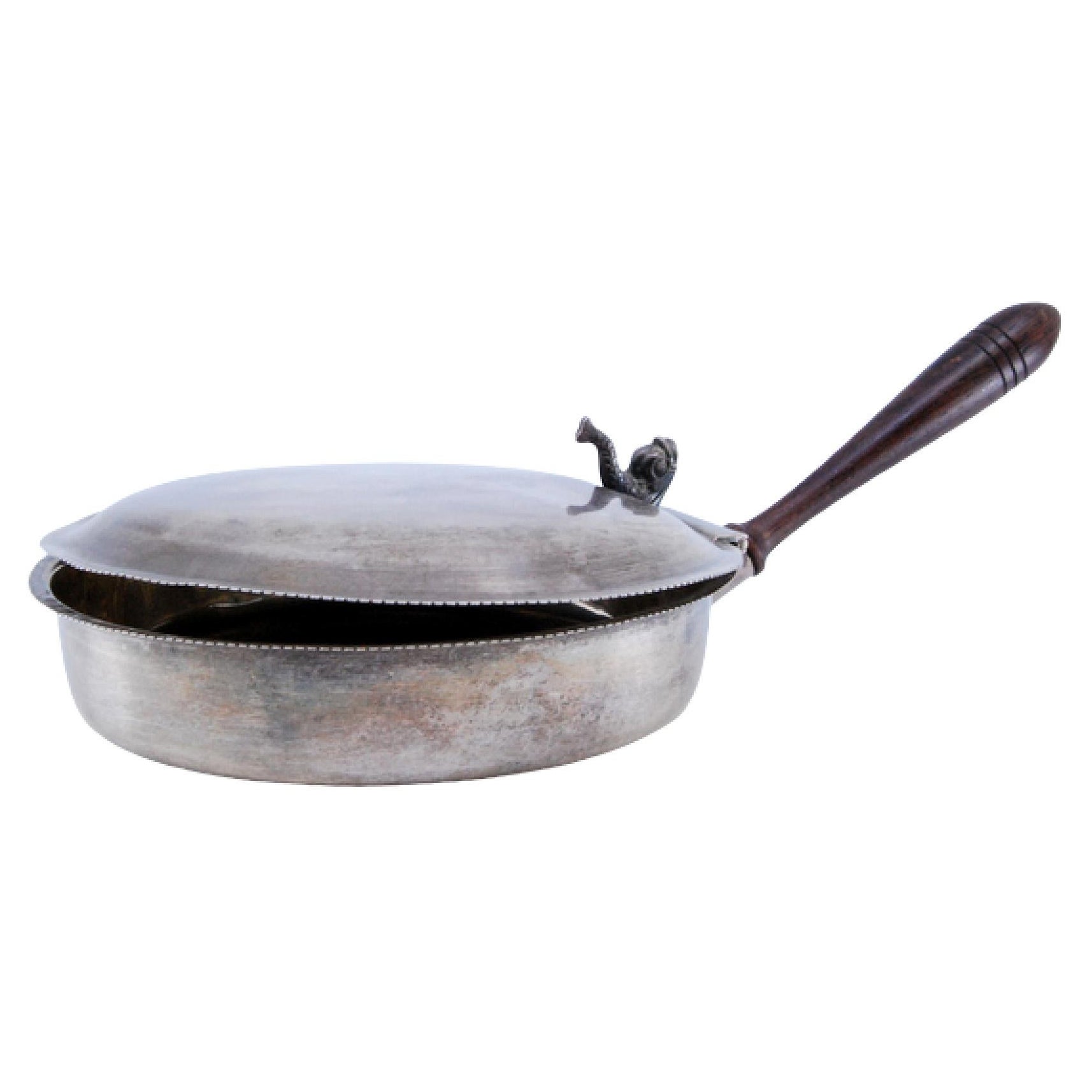 Silver whisk with wooden handle and fish-shaped knob on the lid