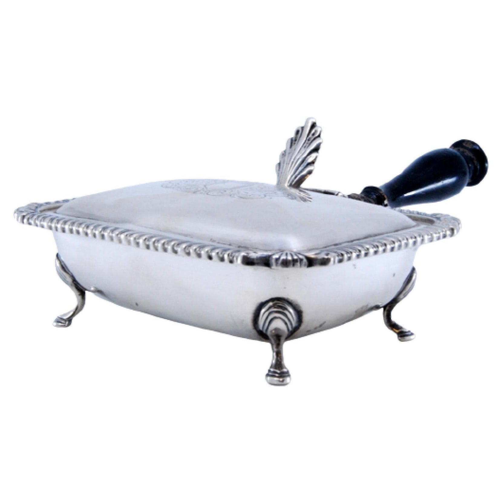 Silver whisk with wooden handle, edge trim and knob on the lid