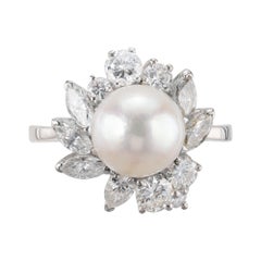 Silver White Cultured Pearl Marquise Round Diamond Gold Cocktail Cluster Ring