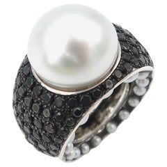 Silver White South Sea Pearl Black Diamond Pavé Pearl on Sides 18K Gold Ring