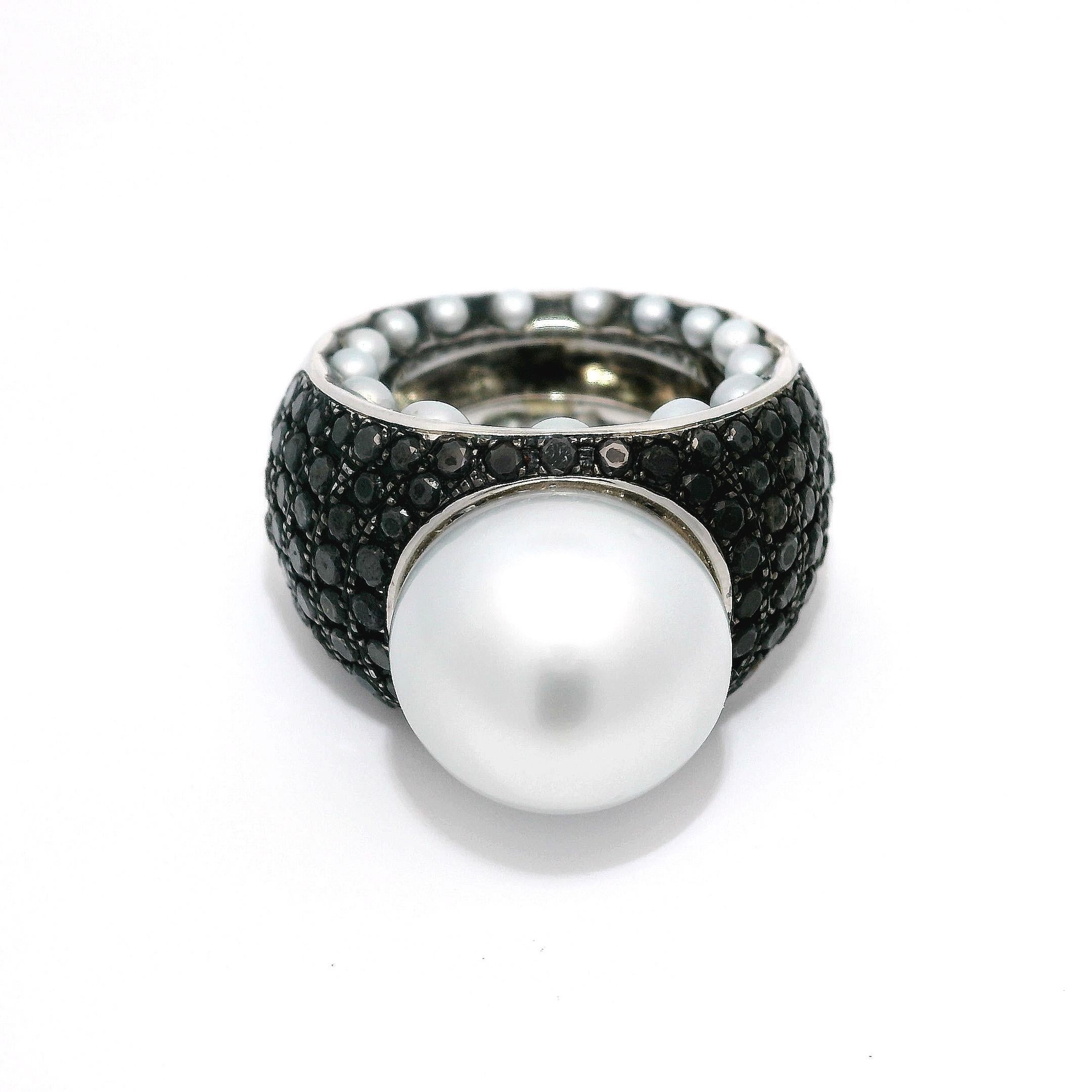 Silver White South Sea Pearl on Black Diamond Pavé Ring with Pearls on sides