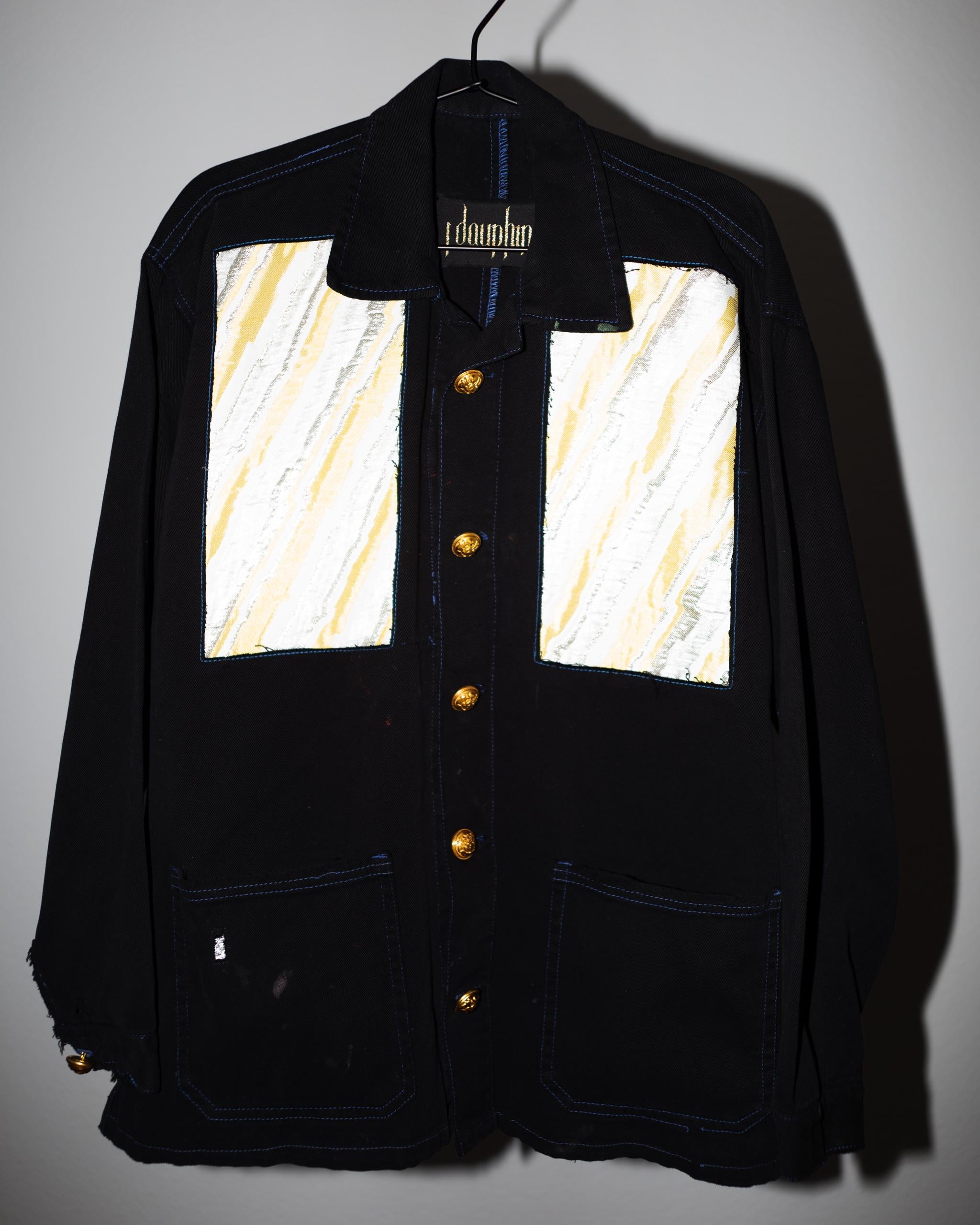 Vintage one of a kind Pastel Silver Lurex White Yellow Brocade Patches, Black Remade Work Wear Vintage Jacket, Vintage Gold plated Brass Buttons from Paris around the 40