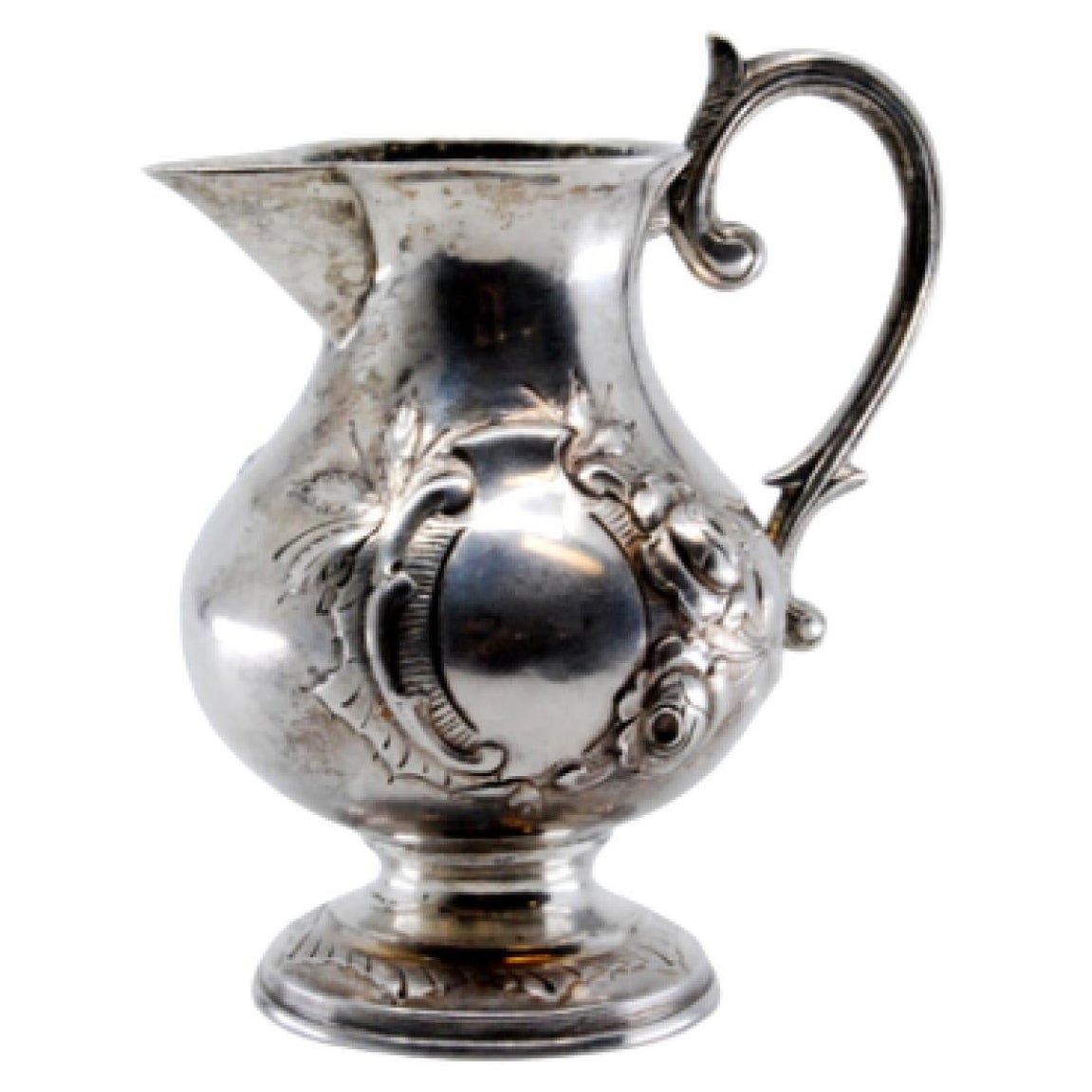 Silver wine jug with engraved floral motifs surrounding a monogram card
