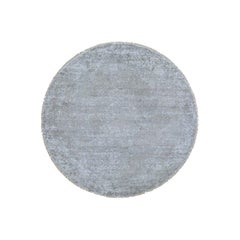 Silver Wool and Pure Silk Broken Persian Design Round Hand Knotted Rug