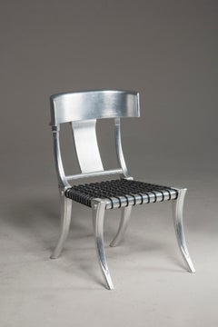 Silver Woven Leather Saber Legs Klismos Chairs