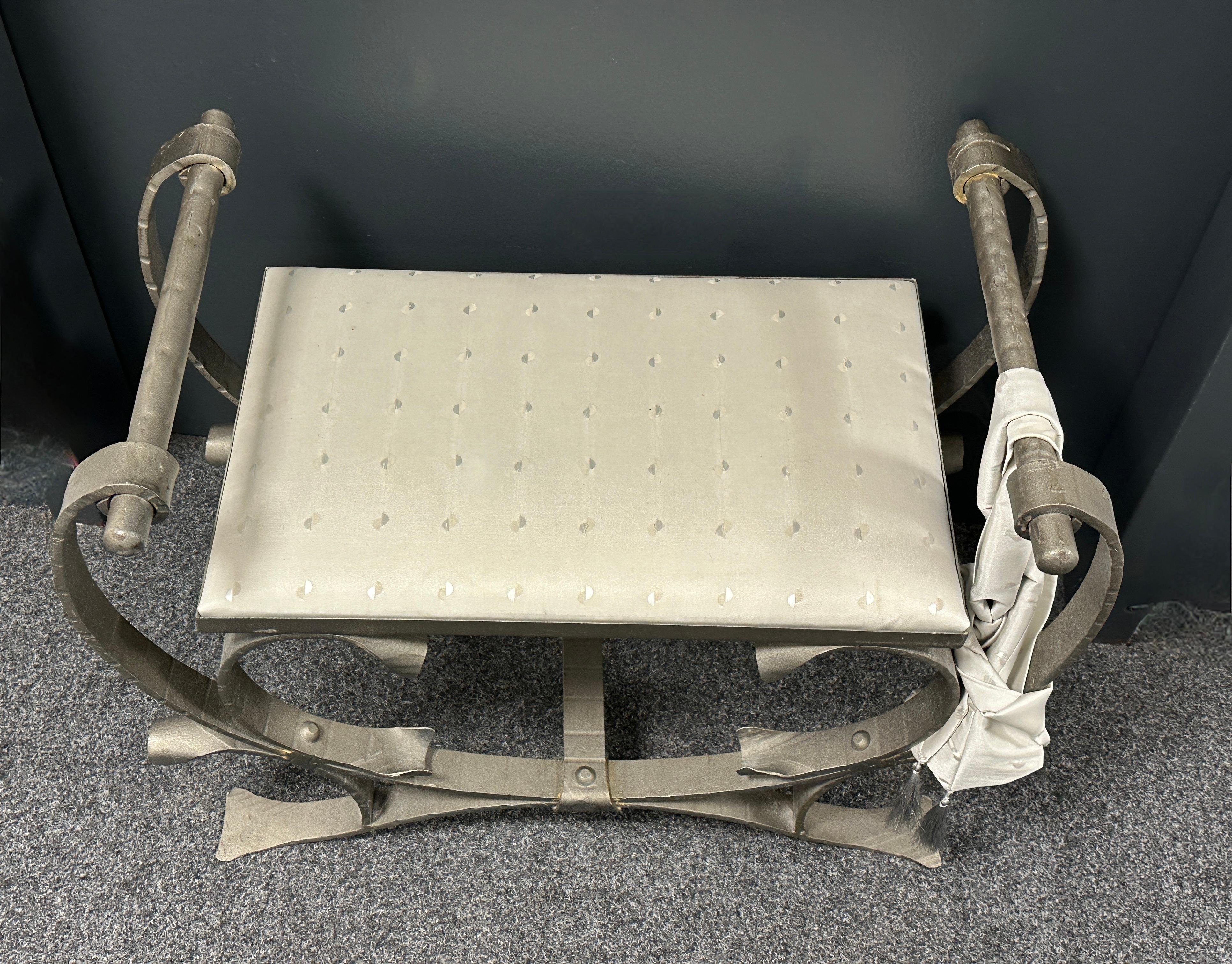 Silver Wrought Iron with Satin Cushion Seat, Stool or Bench Italy, 1960s For Sale 8