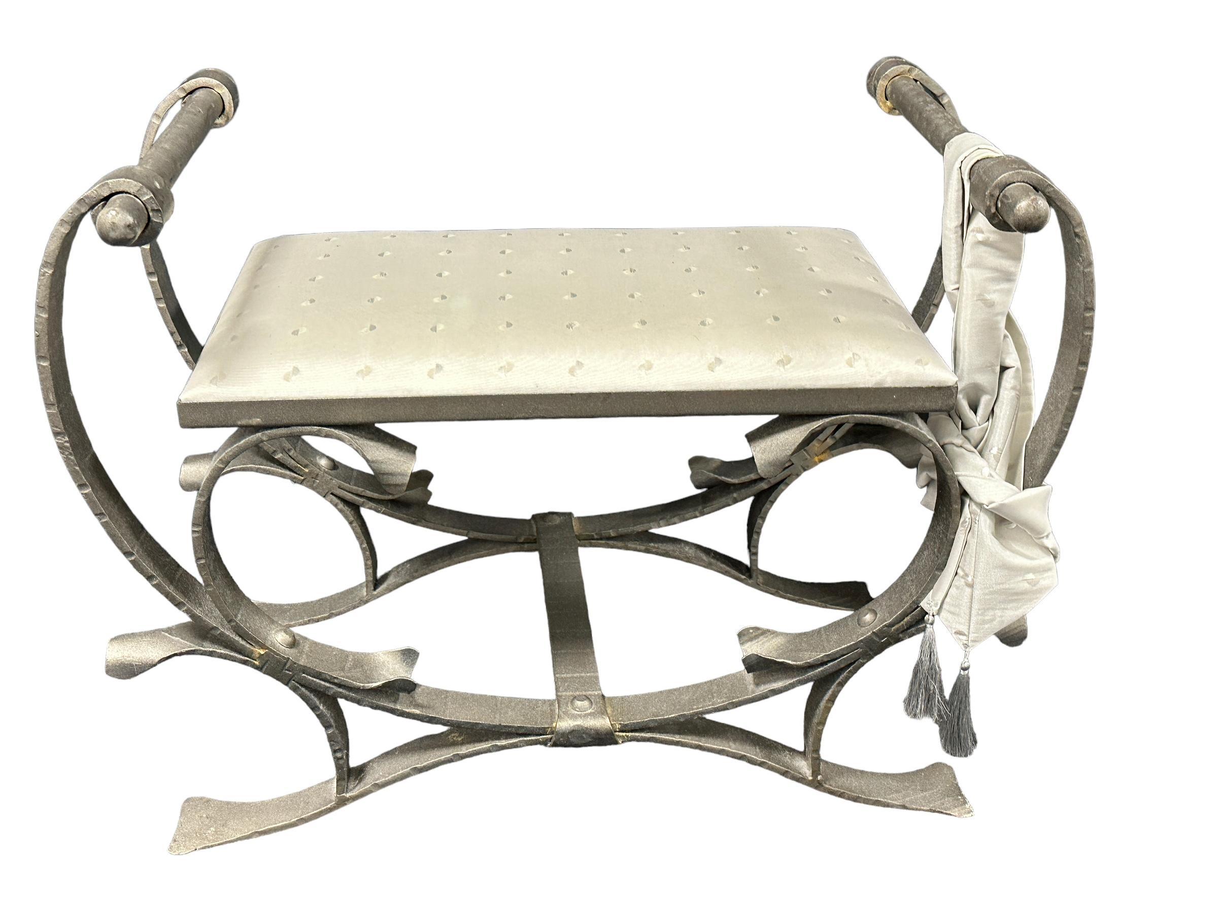German Silver Wrought Iron with Satin Cushion Seat, Stool or Bench Italy, 1960s For Sale