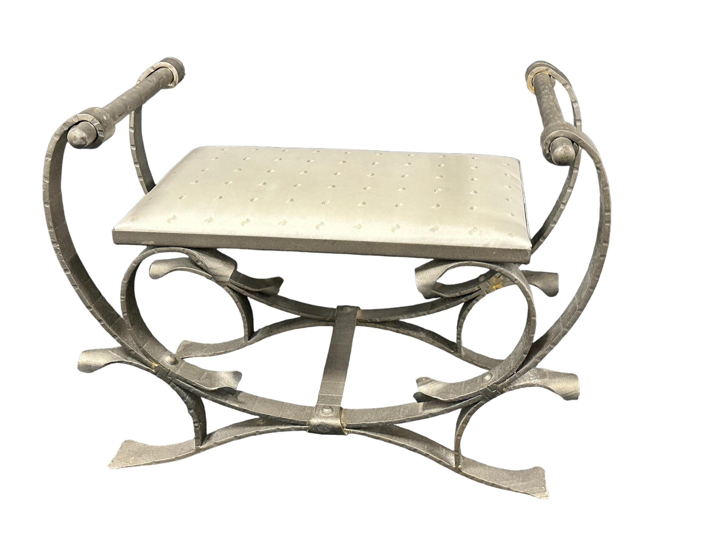 Mid-20th Century Silver Wrought Iron with Satin Cushion Seat, Stool or Bench Italy, 1960s For Sale