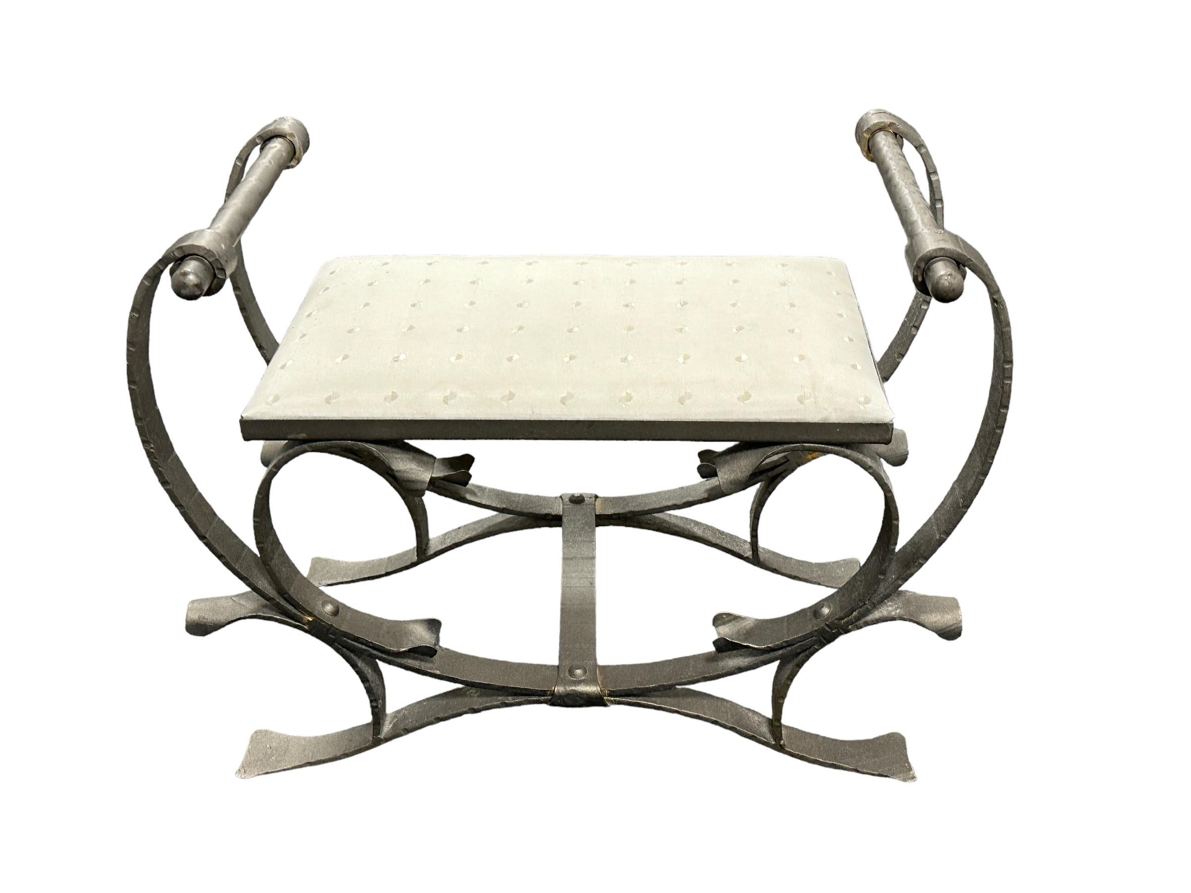 Silver Wrought Iron with Satin Cushion Seat, Stool or Bench Italy, 1960s For Sale 1